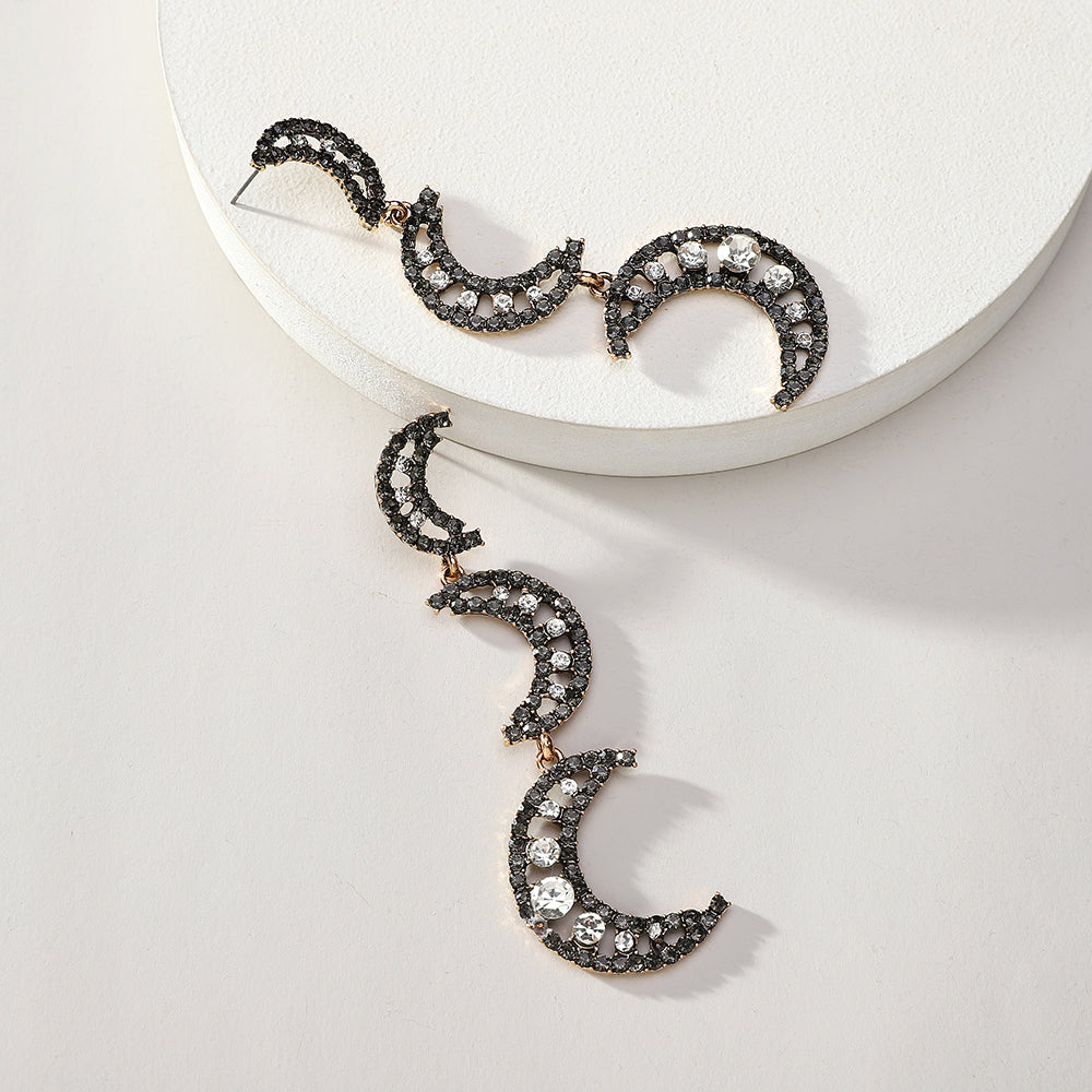 Black Paved Rhinestone Three Layer Crescent Moon Dangle Earrings For Women Vintage Gothic Elegant Party Prom Jewelry