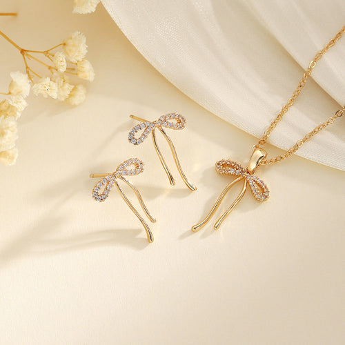 Copper Inlaid Zircon Bow Pendant Earrings Two-Piece Set