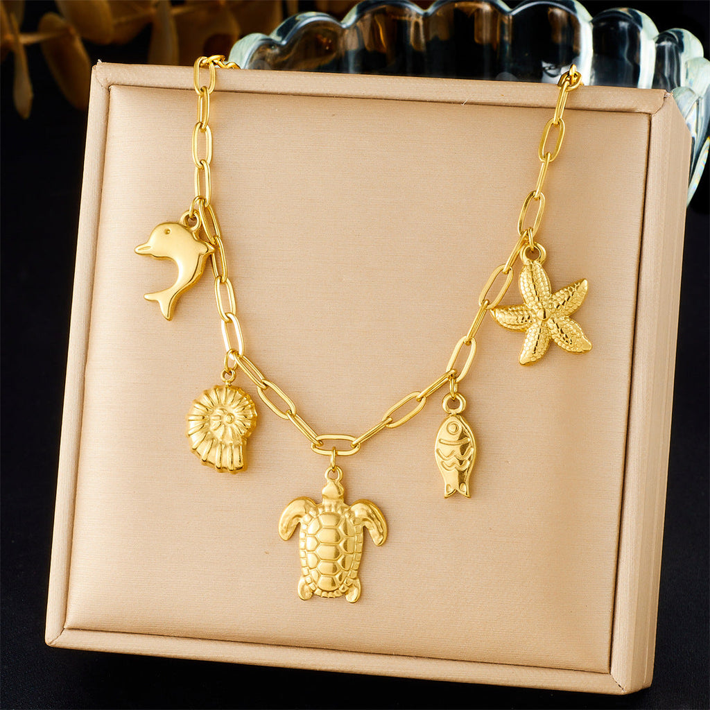 Stainless Steel Snail Turtle Small Fish Clavicle Necklace With Cross Chain