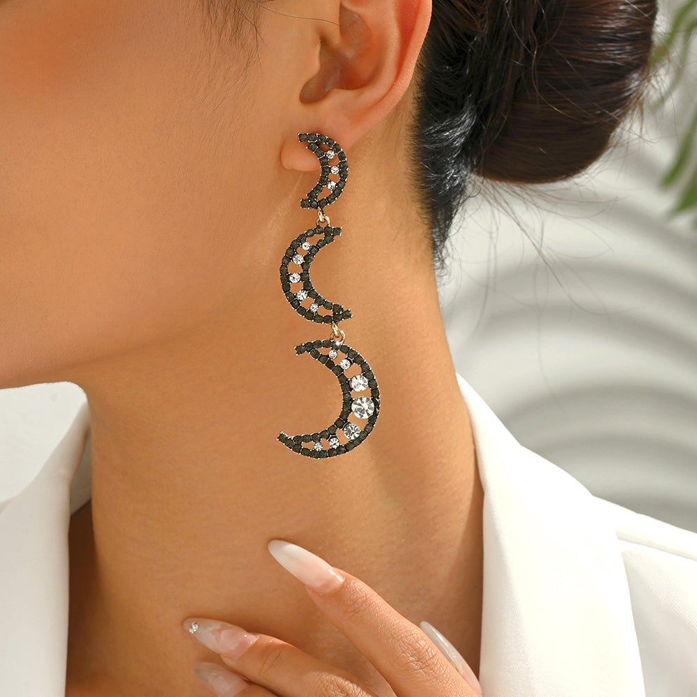 Black Paved Rhinestone Three Layer Crescent Moon Dangle Earrings For Women Vintage Gothic Elegant Party Prom Jewelry