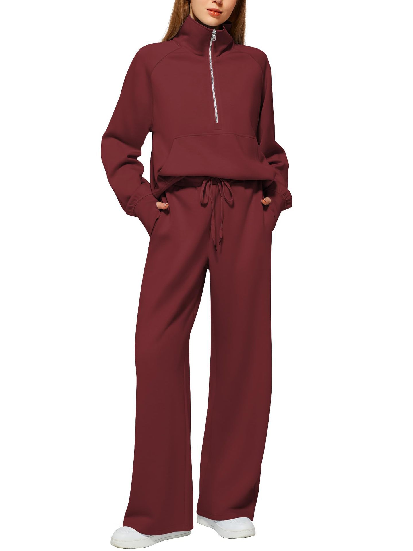 Woman Solid Color Half Zip Long Sleeve Sweatshirt And Wide Leg Pants Set Casual Sporty Two Piece Outfit Women's Suit