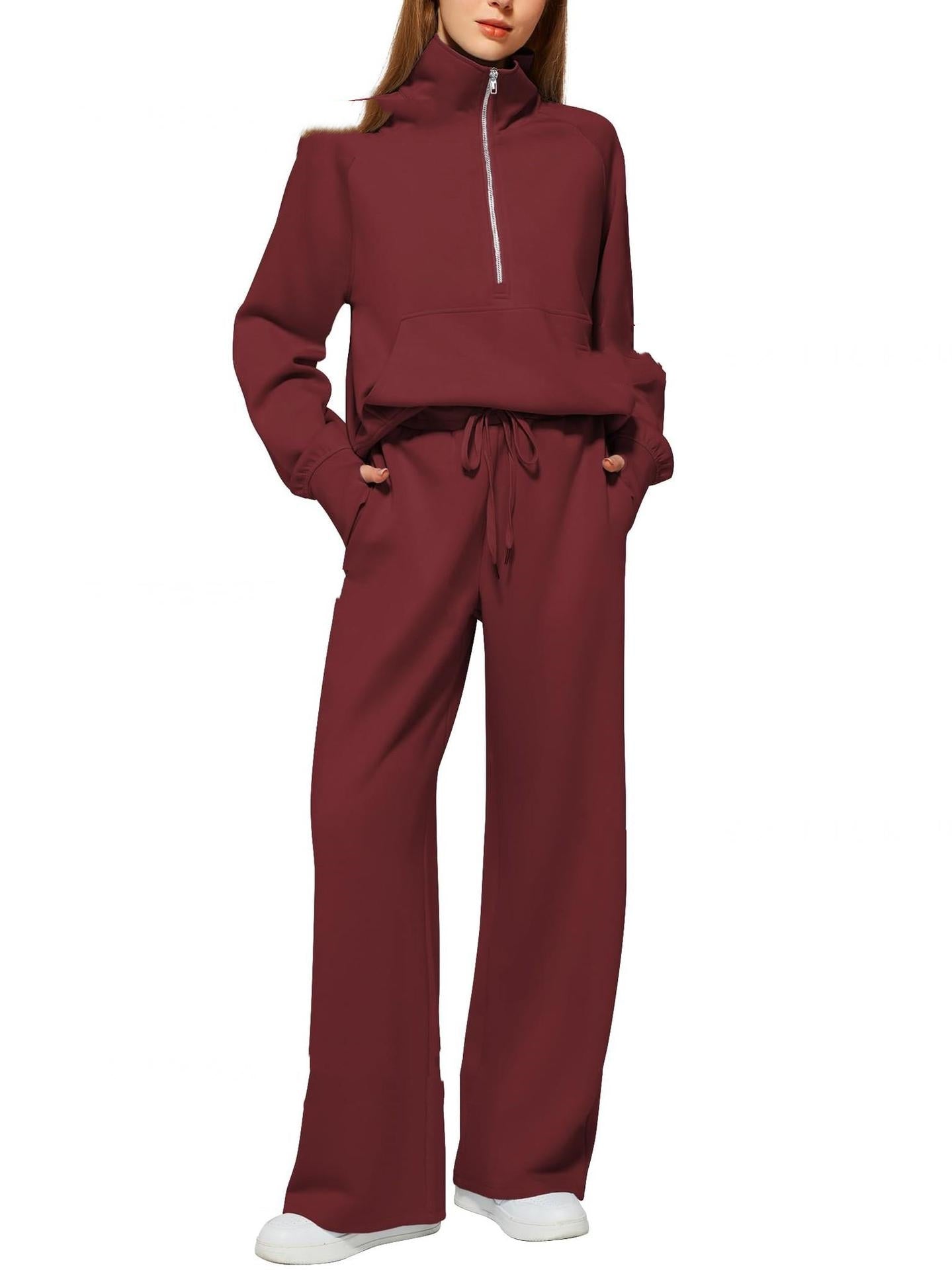 Woman Solid Color Half Zip Long Sleeve Sweatshirt And Wide Leg Pants Set Casual Sporty Two Piece Outfit Women's Suit