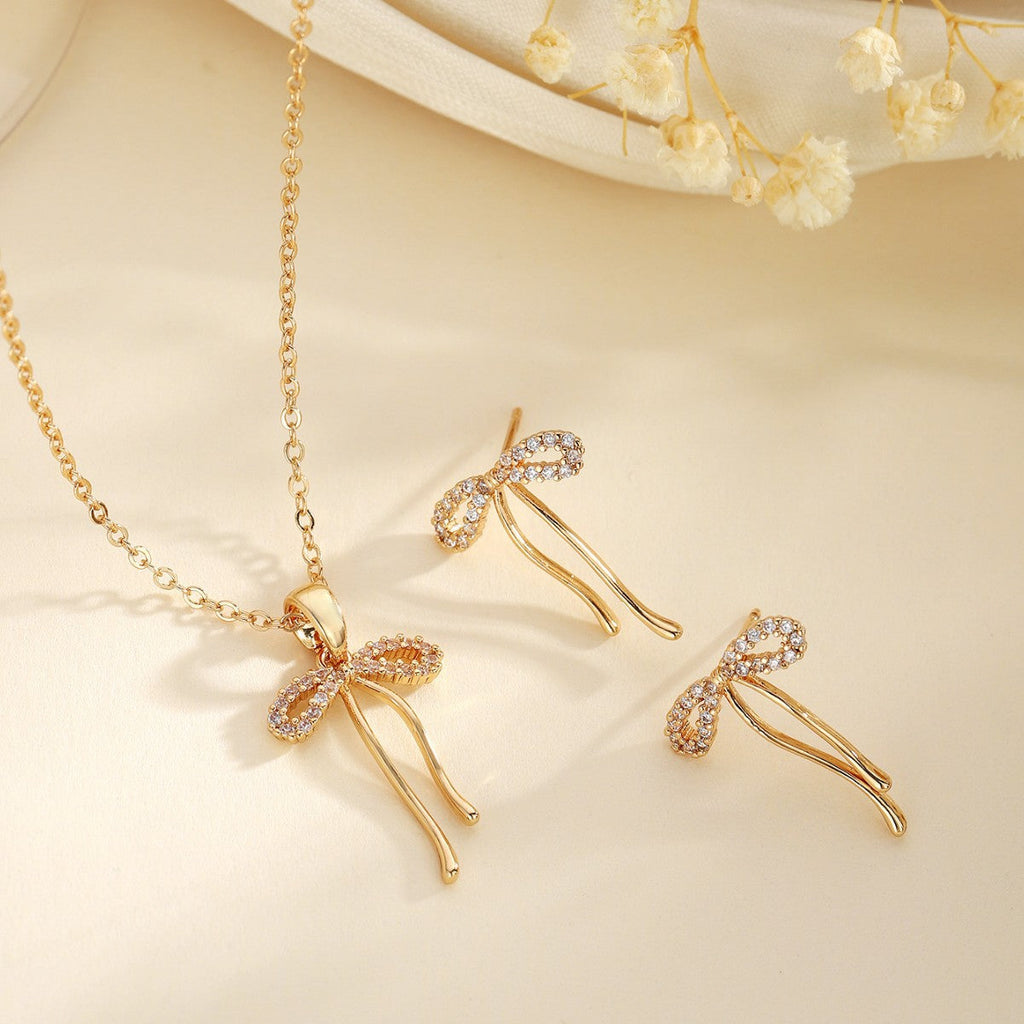 Copper Inlaid Zircon Bow Pendant Earrings Two-Piece Set