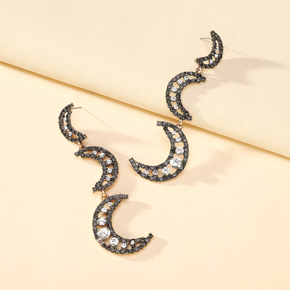 Black Paved Rhinestone Three Layer Crescent Moon Dangle Earrings For Women Vintage Gothic Elegant Party Prom Jewelry