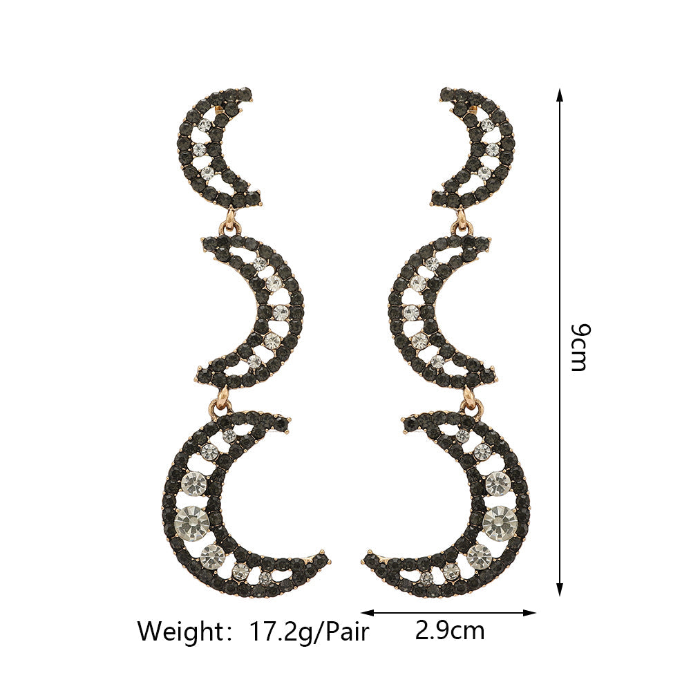 Black Paved Rhinestone Three Layer Crescent Moon Dangle Earrings For Women Vintage Gothic Elegant Party Prom Jewelry