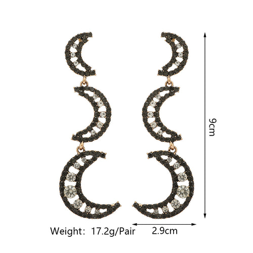 Black Paved Rhinestone Three Layer Crescent Moon Dangle Earrings For Women Vintage Gothic Elegant Party Prom Jewelry