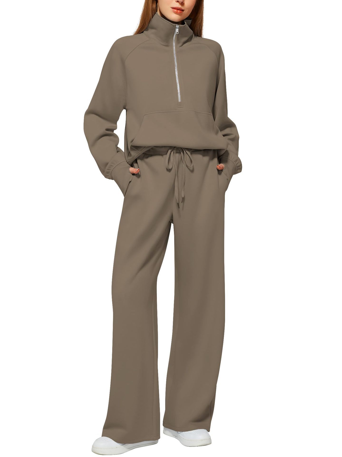 Woman Solid Color Half Zip Long Sleeve Sweatshirt And Wide Leg Pants Set Casual Sporty Two Piece Outfit Women's Suit